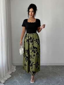 Selianne 女款春夏優雅成熟精緻迷人花卉印花短袖洋裝 晚餐酒吧派對穿搭 黑色格紋 - 軍綠色 - 查看 3