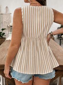 Comfylo Casual Vacation Vintage Apricot Striped Pattern Print Plus Size Women's Spaghetti Strap Camisole, Suitable For Summer - Multicolor - View 7