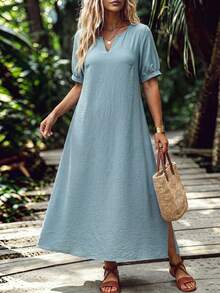 SHEIN LUNE CURVE Gaun Pantai Longgar Ukuran Besar Warna Biru Muda Leher V Lengan Mengembang untuk Liburan Pantai - Biru - View 5