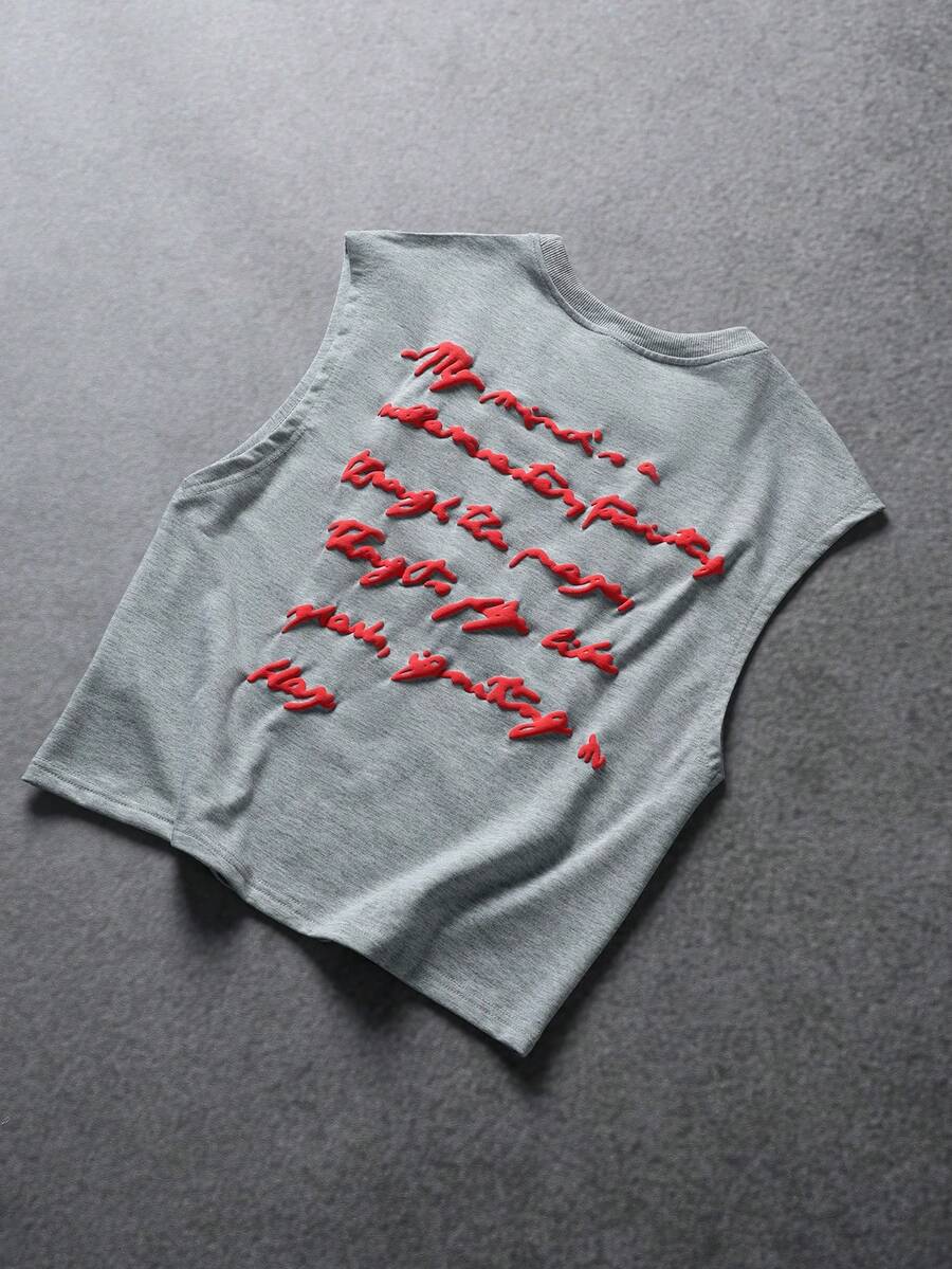 PAVTROS Camiseta sin mangas casual versátil con estampado de eslogan y cuello redondo para hombre - Gris - Ver 1