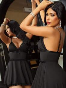 Seduluxe 2pcs Women's Sexy Wireless Nightgown Set - Black - View 3