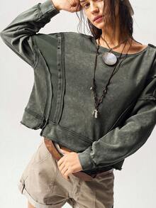 Bohemela BOHO休閒純色針織連帽長袖寬鬆短版女款衛衣 秋冬款 - 軍綠色 - 查看 5