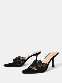CUCCOO HITCHD 女款刺繡蕾絲尖頭細高跟涼鞋 夏季鞋 - 黑色 - 查看 3
