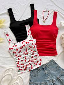 Soleia Spring/Summer New Back To School Casual Vacation Western Beach Wedding Guest Outfit Graduation Brunch Women's Wear St. Patrick's Day Spring Break Easter Music Festival Elegant Bohemian Tropical Elegant Square Neck Gathered Date Valentine's Day Knit Women's Tank Top Multipacks - Multicolor - View 1