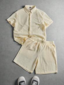 Manfinity Homme Men's Knitted Jacquard Short Sleeve Shirt Set - Light Yellow - View 6