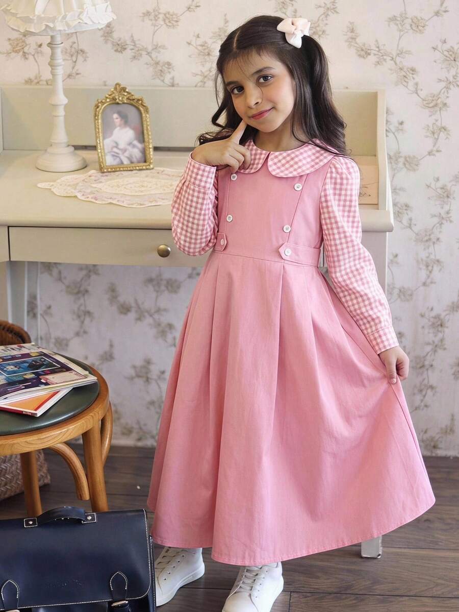 SHEIN 少女格紋拼接學院風甜美校園穿搭-長袖襯衫洋裝,甜美格紋拼接長袖襯衫洋裝,隱藏式後拉鍊設計,舒適可愛,適合家庭聚會、外出、學校及其他場合。粉色洋裝,女童派對洋裝,荷葉邊洋裝,蝴蝶結洋裝,適合返校季與秋冬穿著。 - 彩色 - 查看 1