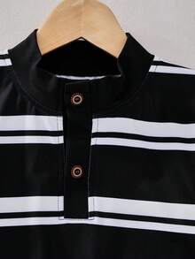 SHEIN Casuvi Kids 小男孩厚款條紋亨利領衛衣長褲套裝，舒適半鈕扣套頭慢跑褲休閒運動兩件套，秋季保暖休閒裝 - 黑與白 - 查看 3
