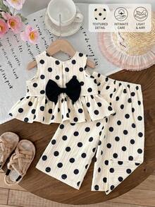 SHEIN LMoss Kids 女婴波点印花荷叶边圆领背心和裤子休闲套装 - 黑與白 - 查看 2