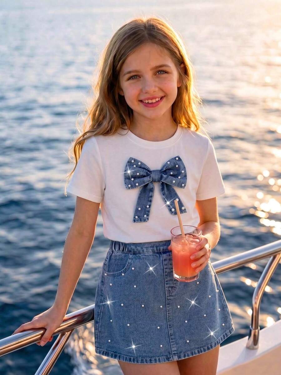 SHEIN 女童 2 件組牛仔套裝，夏季新品，少女風學院風，白色短袖 T 恤搭配中藍色水洗牛仔 A 字裙，飾有珠飾蝴蝶結，修身版型，舒適純棉面料，適合日常穿著、上學、派對與外出，可搭配白色運動鞋 - 白色 - 查看 1