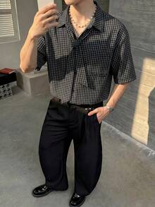 SWAVVY 春夏男士格子休閒短袖襯衫 - 黑色 - 查看 2