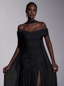 Elitara Elegant Minimalist Chic Off-Shoulder Ruched Asymmetric A-Line High Slit Dress, Suitable For Weddings, Formal Events, Galas, And Cocktail Parties - Black - View 5