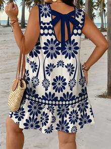 SHEIN CURVE+ Plus Size Women Summer Casual Sleeveless Printed Dress Beach Vacation White - Blue - View 2