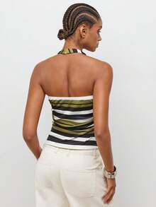 Maija Women's Black And White Striped Checkered Slim Fit Casual Tropical Coastal Sexy European Halter Neck Tank Top Going Out Vacation Beach Summer - Green - View 5