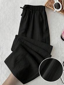 SHEIN Teen Girls Casual Vacation Black Woven Textured Bow Decor Loose Wide Leg Long Pants - Black - View 2