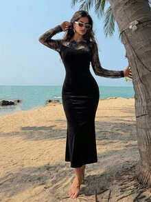 DAZY Women's Lace Patchwork Mermaid Midi Dress, Autumn Long Sleeve Dress - Black - View 17