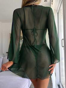 Swim Chiccia 女士纯色系结前开襟和服罩衫 - 墨綠色 - 查看 2