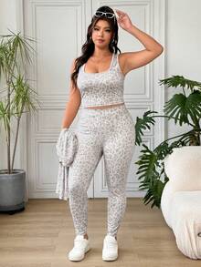 SHEIN EZwear 大尺碼女款豹紋內搭上衣、長袖開襟衫與高腰長褲休閒日常穿搭套裝 - 彩色 - 查看 5