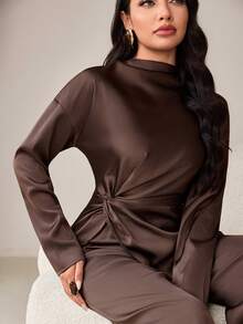 Veilorie Women's Solid Color Pleated Long Sleeve Top And Pants Casual Daily Arabic Outfit Set - Coffee Brown - View 7