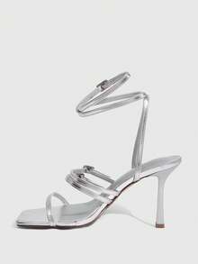 CUCCOO SZL New Square Toe PU Surface Rhinestone Buckle Rhinestone Buckle With Buckle Heel Shoes Romantic Elegance Temperament Simple Sexy Dress Shoes Dating Par - Silver - View 4