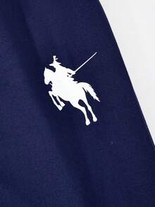 SHEIN Casuvi Kids 青少年女孩兩件套，針織彈性修身 T 恤套裝，對比色梭織條紋 Polo V 領套頭長袖 T 恤搭配對比腰帶寬腿褲，馬匹圖案印花裝飾，時尚復古運動風，適合休閒、運動、度假穿著，春秋季適用 - 藏蓝色 - 查看 7