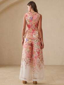 BELROSIE Summer Autumn Beige Colorblock Floral Print Ruched Waist Fla Top With Loose Wide Leg Pants, Women's 2 Pieces Set, Elegant Garden Party Vacation Wedding - White - View 6