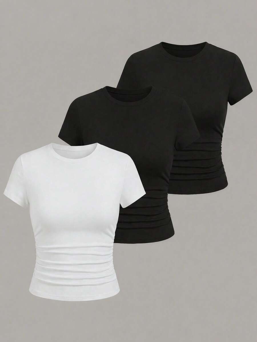 EMERY ROSE Women's Solid Color Casual Versatile Daily Short Sleeve T-Shirt - Multicolor - View 1