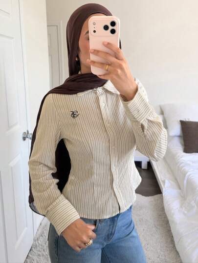 Solavon Women's Letter Print Striped Long Sleeve Single-Breasted Shirt