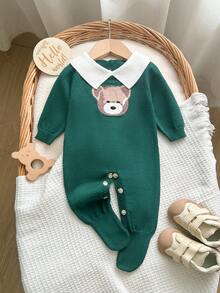 SHEIN 嬰兒(男孩)針織連身衣，可愛熊圖案提花綠色領口一體式毛衣，適合秋冬穿著，可搭配棉墊外套戶外穿著 - 綠色 - 查看 1