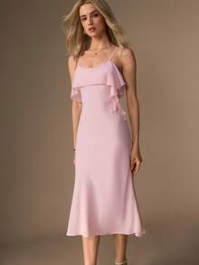 Willow Rêve Women's Chiffon Cowl Neck Midi Dress, Bias Cut Ruffle Mermaid Dress, Pink Slip Dress - Baby Pink - View 4