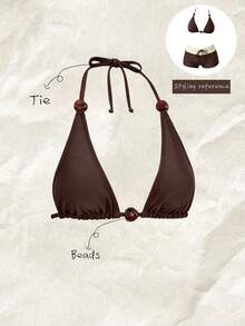 Elavelle Top de bikini de unicolor con cuello halter para mujer, primavera/verano - Negro - Ver 4