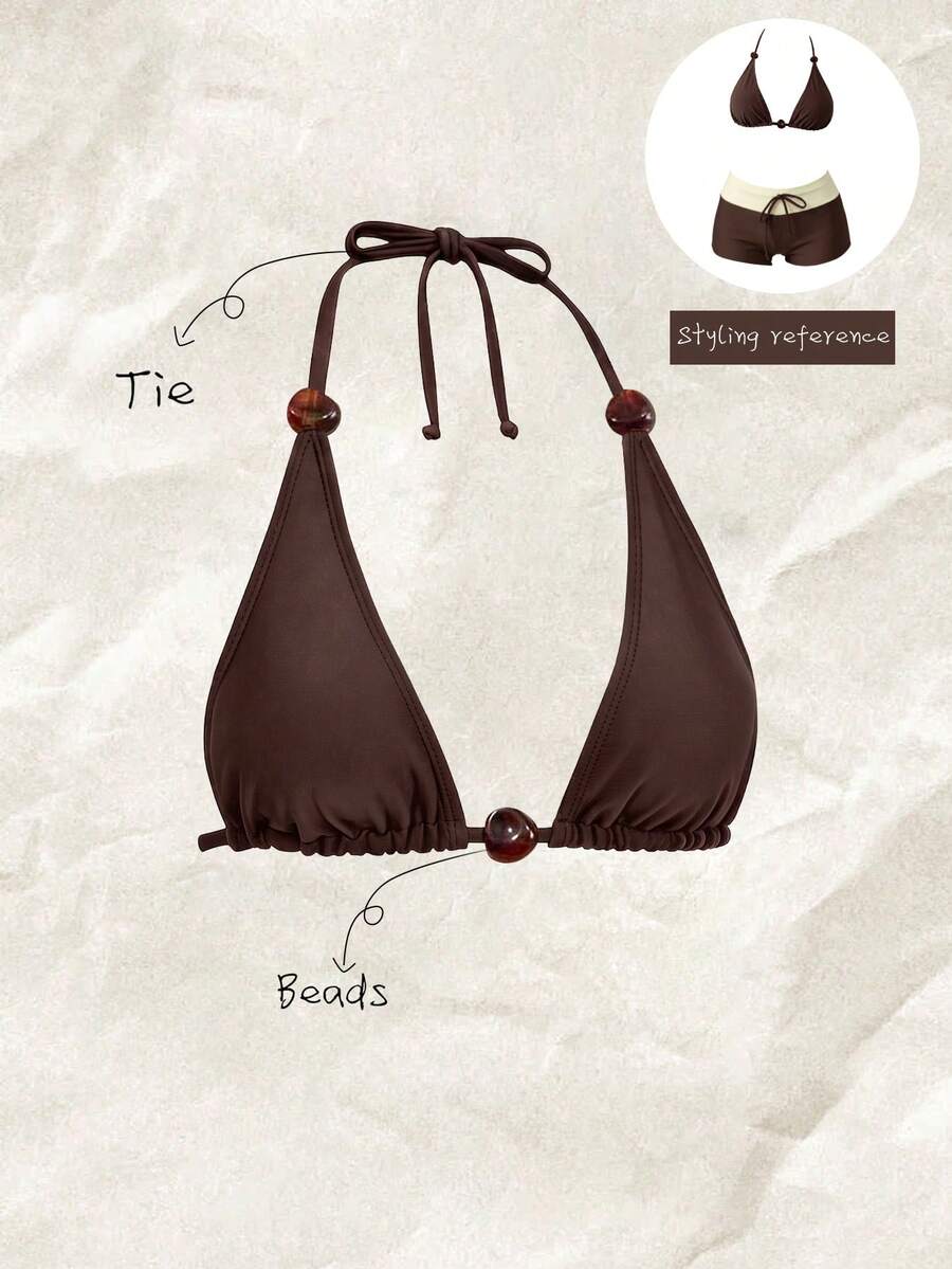 Elavelle Women's Solid Color Halter Bikini Top, Spring/Summer - Black - View 1