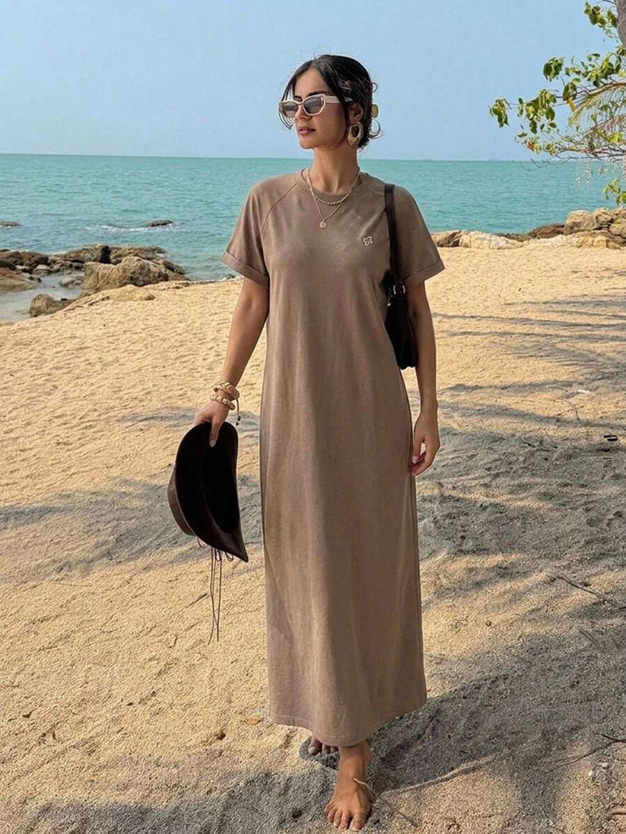 FRIFUL Women Brown Long Embroidered Graphic Print Summer Dress Sundress - Brown - View 1