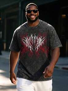 Manfinity Roghcode Men's Plus Size Wing Print Loose Short Sleeve T-Shirt, Holiday - Black - View 1