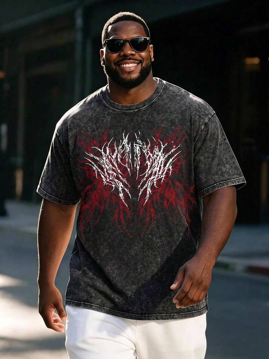 Manfinity Roghcode Men's Plus Size Wing Print Loose Short Sleeve T-Shirt, Holiday - Black - View 1