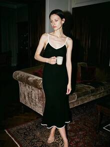Livesso Women's Contrast Trim Spaghetti Strap Mermaid Hem Loungewear Dress Summer - Black - View 7
