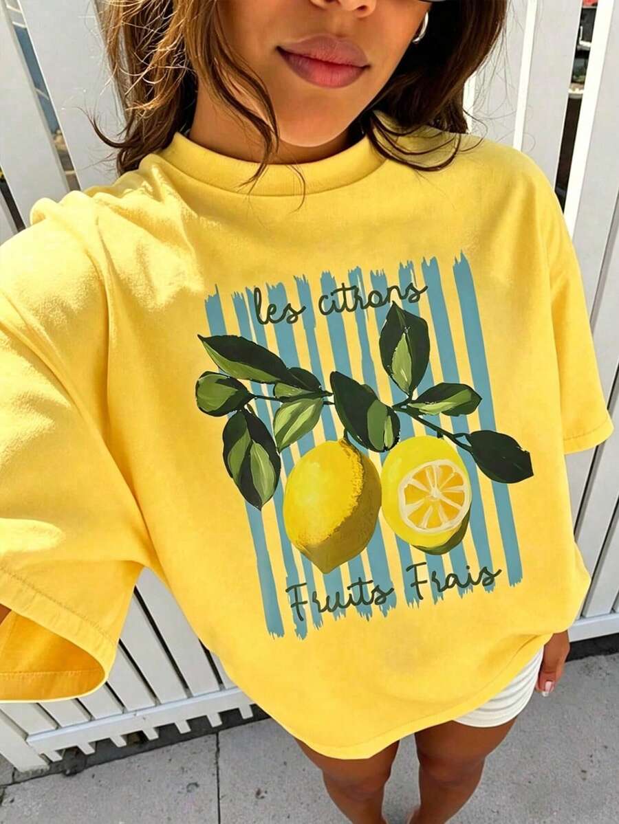 EMERY ROSE Round Neck Short Sleeved T-Shirt With Slogan And Lemon Pattern In Spring And Summer - Yellow - View 1