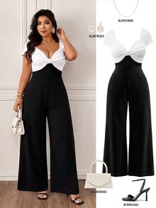 Femmeverse Women's Black And White Patchwork Deep V-Neck Evening Gown, White Twisted Design On Chest, Wide Leg Long Jumpsuit Party Going Out Summer Elegant - Black and White - View 1