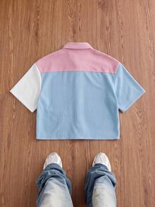 SWAVVY Camisa de manga corta de pana con patchwork para hombre, primavera/verano - Rosa - Ver 4