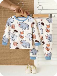 SHEIN Baby Boy Baby Girl Snug Fit Autumn/Winter Cute Animal Pattern Ribbed Crew Neck Long Sleeve Top And Pajama Pants Soft Comfortable Tight Fit Sleepwear Home Wear Set 2pcs, Christmas, New Year, Pajama - Multicolor - View 3