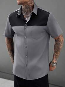 Manfinity Mode Men's Black & Grey Color Block Mature Casual Business Shirt, Comfortable Short Sleeve Style - Dark Grey - View 5