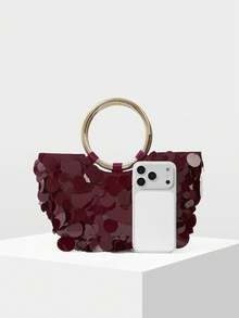 MOTF WOMEN'S FASHION BURGUNDY SEQUINED HANDBAG, ROUND HANDLE, EXQUISITE SHINY SIMPLE SEMI-ROUND BAG, SUITABLE FOR DATING AND PARTIES, SUMMER VACATION, TRAVEL, SEASIDE, BEACH, BOHEMIAN, MATCHING - Burgundy - View 5