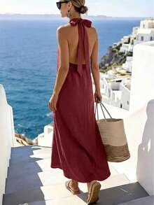 SHEIN Holidaya Women's Elegant Jamican Sexy Halter Neck Beach Vacation Dress, Dark Red Slimming A-Line, Sleeveless Full Skirt Mediterranean Style, Ring Buckle Summer - Burgundy - View 2