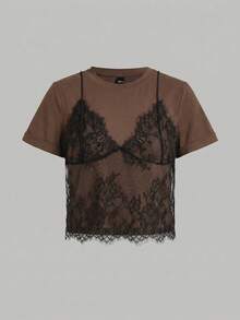 SHEIN Tall CURVE Kaos Lengan Pendek Leher Bulat Putih Berenda Ukuran Besar untuk Musim Panas (2 in 1) - Coffee Brown - View 6