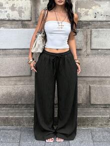 Coolane 女款休閒百搭純色寬腿長褲 - 黑色 - 查看 5
