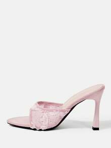CUCCOO HITCHD Spitze dreidimensionale Rosen Quadratzehen schmale Absatz Sandalen, Außenbekleidung, Feen Hochzeitsschuhe - Pink - Übersicht 3