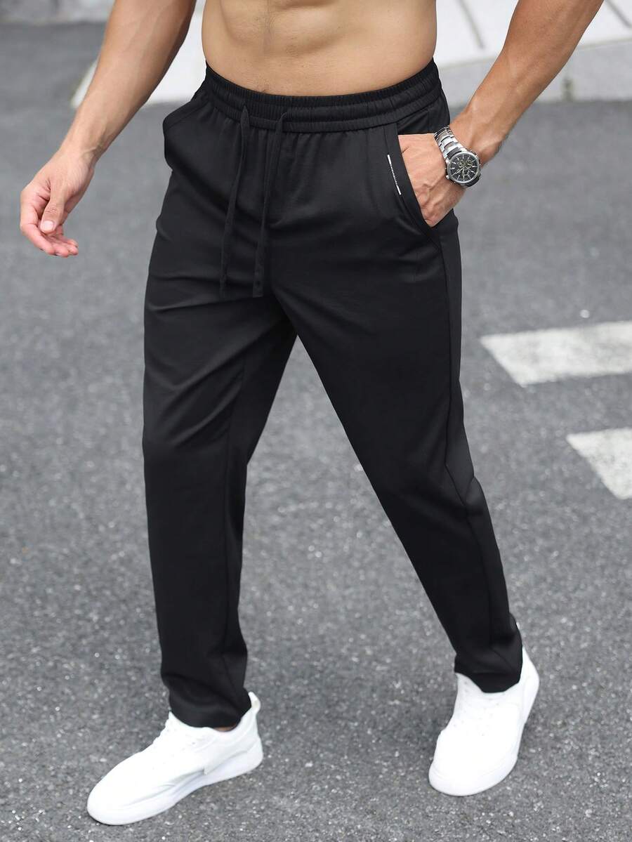 Manfinity Homme 男士抽繩腰帶口袋商務休閒長褲 - 黑色 - 查看 1