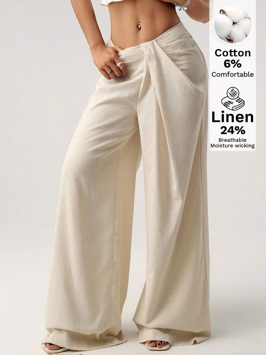 SHEIN ICON 希臘風腰部設計超寬鬆休閒長褲 - 米色 - 查看 1