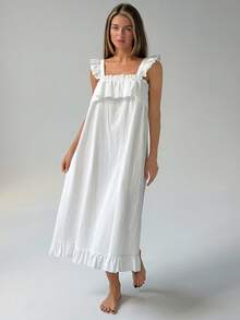 Livesso Women's Solid Color Patchwork Ruffle Flutter Sleeve Nightgown - White - View 8
