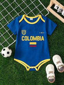 SHEIN Playful Pals Pelele para bebé niño con bloques de color, ribete y estampado de letras - Azul - Ver 1