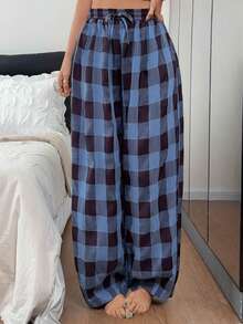 DAZY Women's Casual Plaid Drawstring Waist Loose Long Pants Loungewear Summer Pajamas - Baby Blue - View 7
